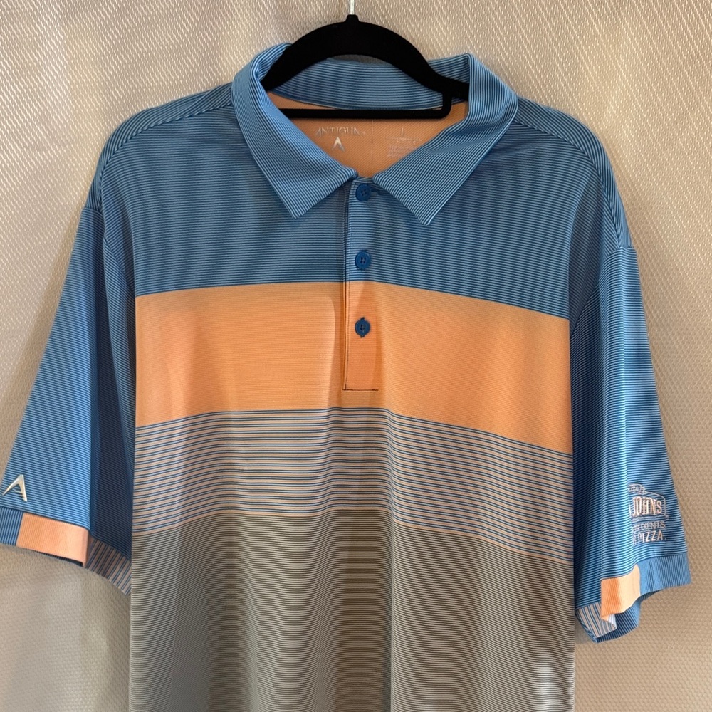 Antigua Men's Striped Blue and Peach Polo